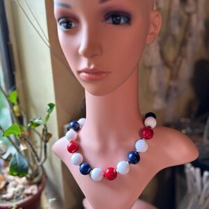 Vintage Signed Napier Rare Red White Blue Ball Necklace